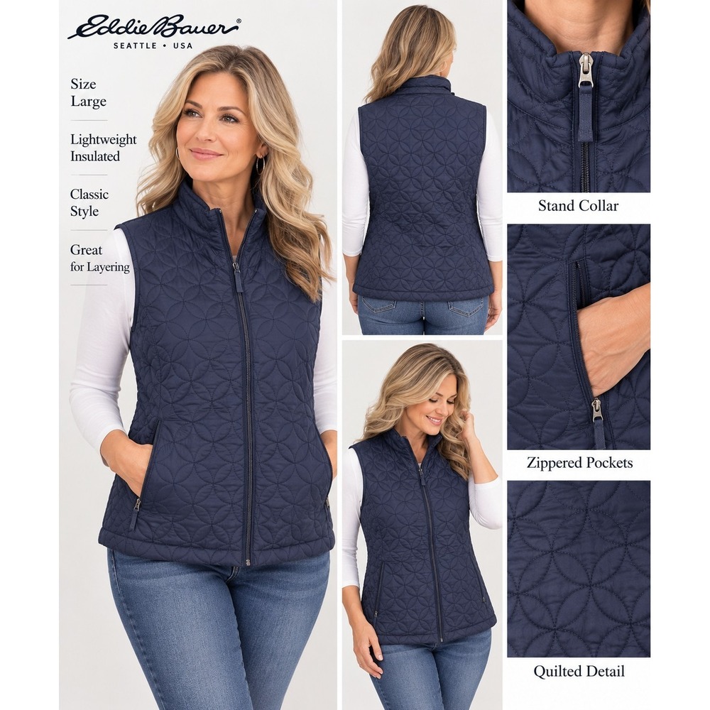 Eddie Bauer Women's Large Navy Quilted Vest Full Zip Lightweight Insulated